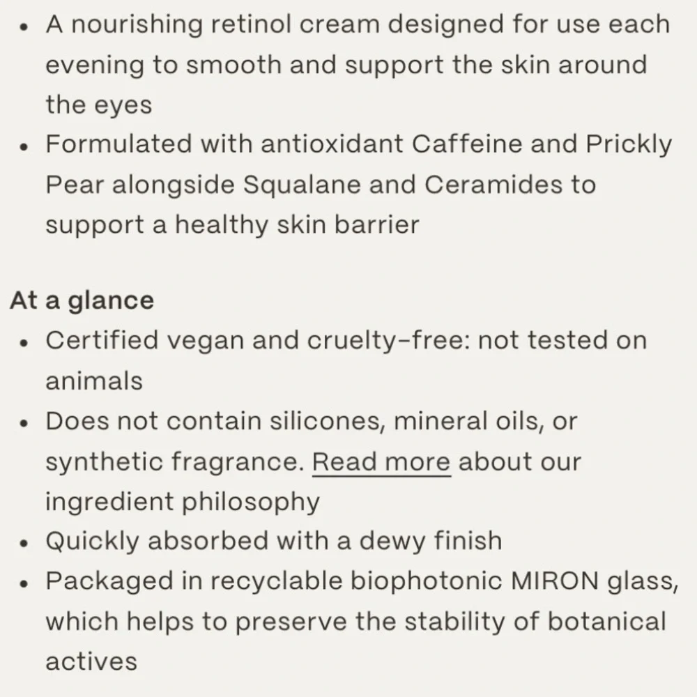 Twentynine Palms Mira Luna eye cream vegan MSRP $97. Contains retinol
